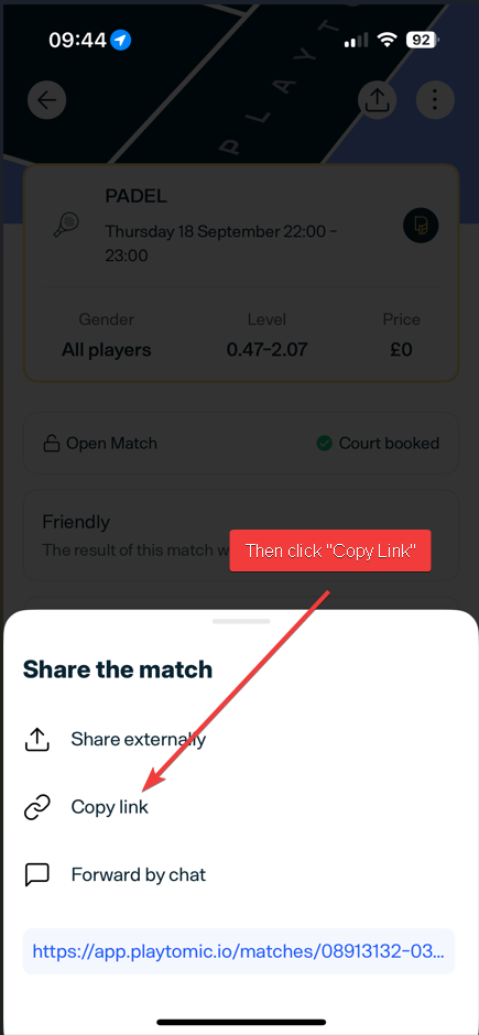 Copy link button in Playtomic
